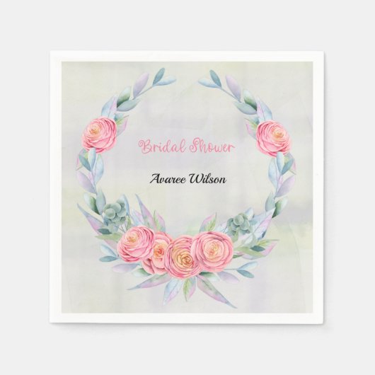 Waterverf Eucalyptus Wreate en roze rozen Servet (Voorkant)