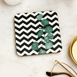 Waterverf Eucalyptus Zwart Wit Chevron Bier Onderzetter