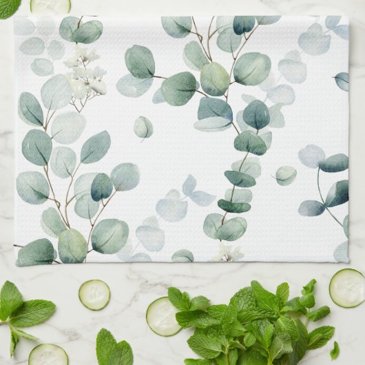 Waterverf eucalyptusbladeren theedoek (Gevouwen)