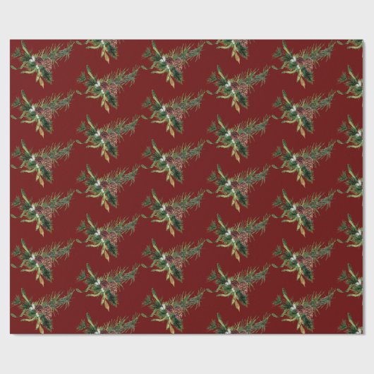 Waterverf Evergreen Branch op Cranberry Red Cadeaupapier (Vlak)