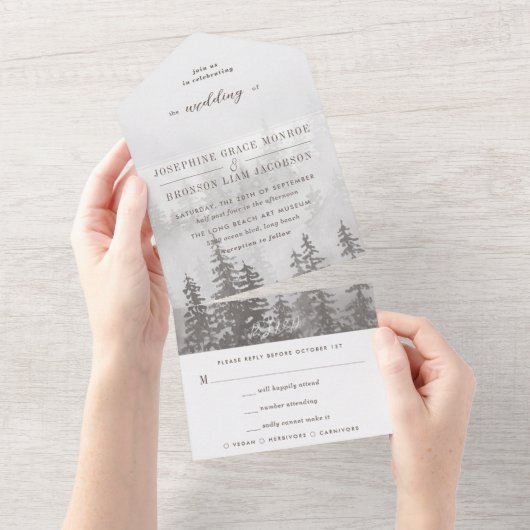 Waterverf Evergreen Forest in Grey Beige Wedding All In One Uitnodiging (Afscheurbaar)