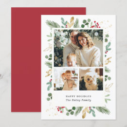 Waterverf Evergreens, Green and Gold, Three Photo Feestdagenkaart