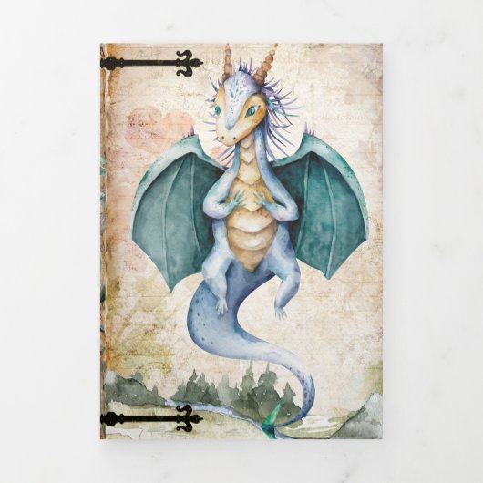 Waterverf Fairytale Dragon Weddenschap Drieluik Uitnodiging (Cover)