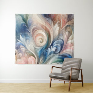 Waterverf Fantasy Floral Pastel Blauw & Crème Wandkleed