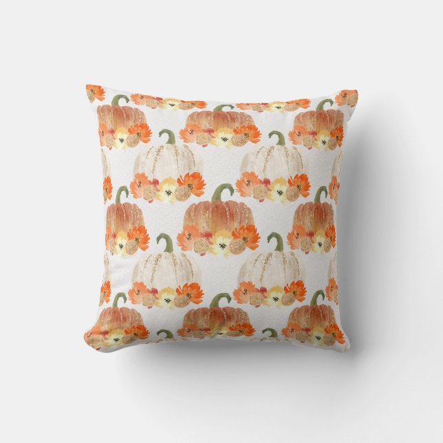 Waterverf Faux Glitter Herfst Pumpkins Kussen (Voorkant)