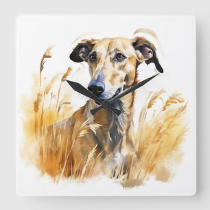 WATERVERF FAWN GREYHOUND DOG IN HET VELD VIERKANTE KLOK