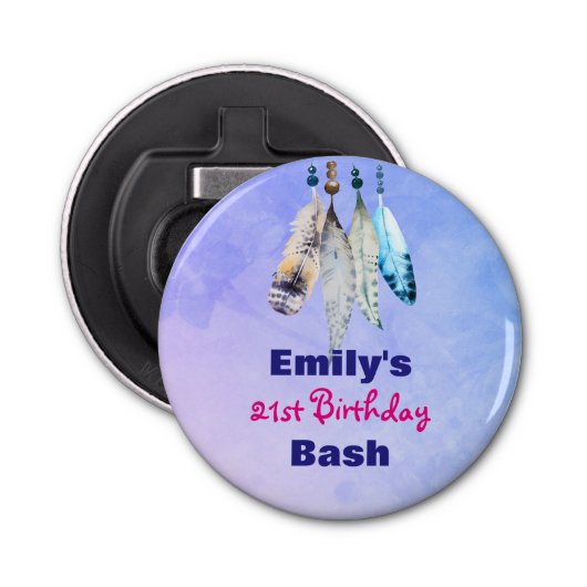 Waterverf Feathers Birthday Bash Favor Button Flesopener (Voorkant)
