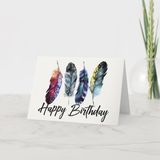 Waterverf Feathers Boho Happy Birthday Kaart (Voorkant)