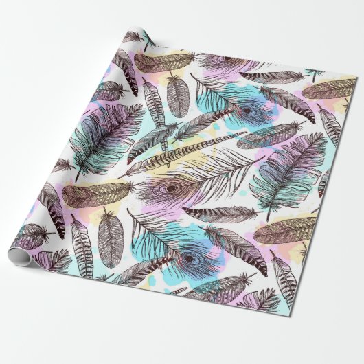 Waterverf Feathers Cadeaupapier (Uitgerold)