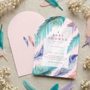 Waterverf Feathers Chic Bohemian Girl Baby shower Kaart
