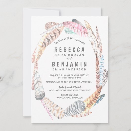 Waterverf Feathers Rustic Bohemian Wedding Invite Kaart (Voorkant)