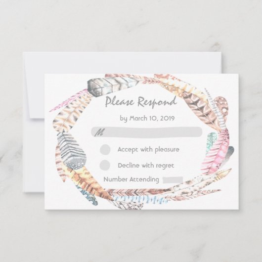 Waterverf Feathers Rustic Bohemian Wedding RSVP (Voorkant)