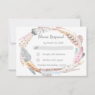 Waterverf Feathers Rustic Bohemian Wedding RSVP Kaartje