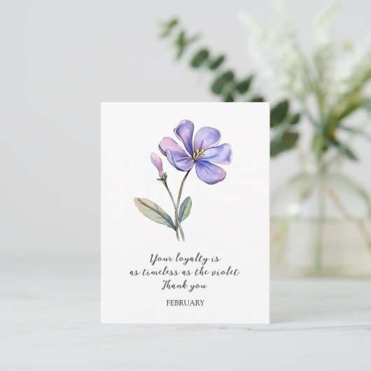 WATERVERF FEBRUARI VIOLETTE GEBOORTEBLOEM DANK U BRIEFKAART (Staand voorkant)