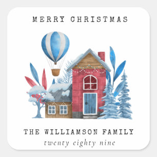  WATERVERF FEESTELIJK KERSTDORPSHUIS VIERKANTE STICKER