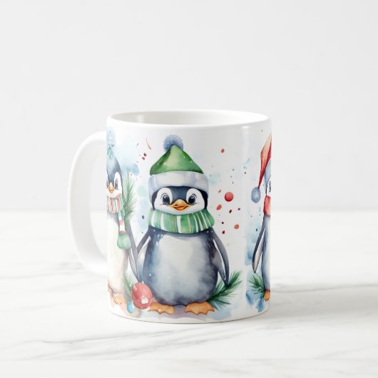 Waterverf Feestelijke Pinguïns Kerst Mok (Voorkant links)