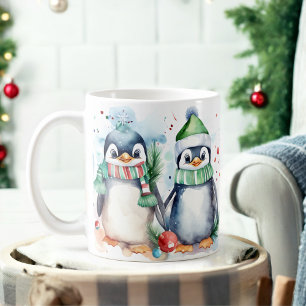 Waterverf Feestelijke Pinguïns Kerst Mok