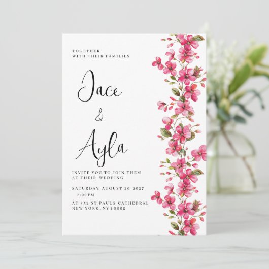 Waterverf fel roze bloesem bloemen bruiloft kaart (Staand voorkant)