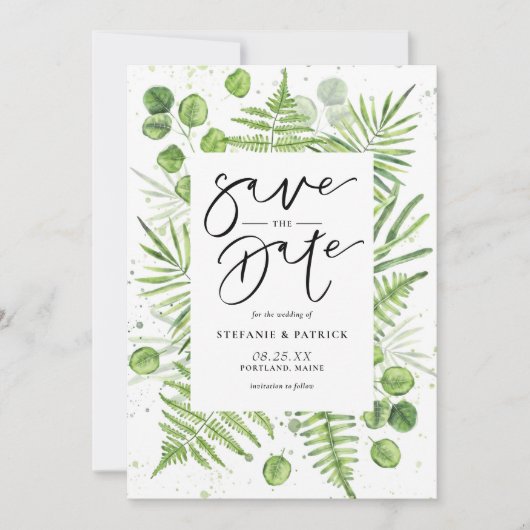Waterverf Ferns en Eucalyptus Lijst Save The Date (Voorkant)