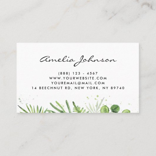 Waterverf Ferns en Eucalyptus Pattern Script Visitekaartje (Achterkant)