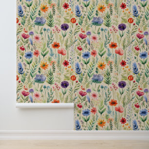 Waterverf Field of Wild Flowers on Cream Behang