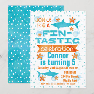 Waterverf Fin-tastic Shark Birthday Invitation Kaart
