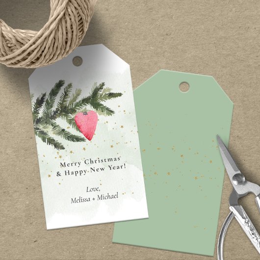 Waterverf Fir Tree & Red Heart Ornament Gift Label Cadeaulabel