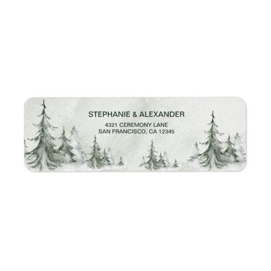 Waterverf Fir Trees Winter Wedding Etiket (Voorkant)