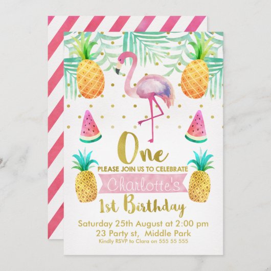 Waterverf Flamingo 1e verjaardag Uitnodiging (Voorkant / Achterkant)