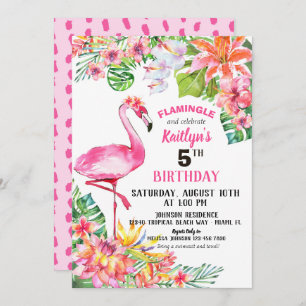 Waterverf Flamingo and Tropical Floral Birthday Kaart