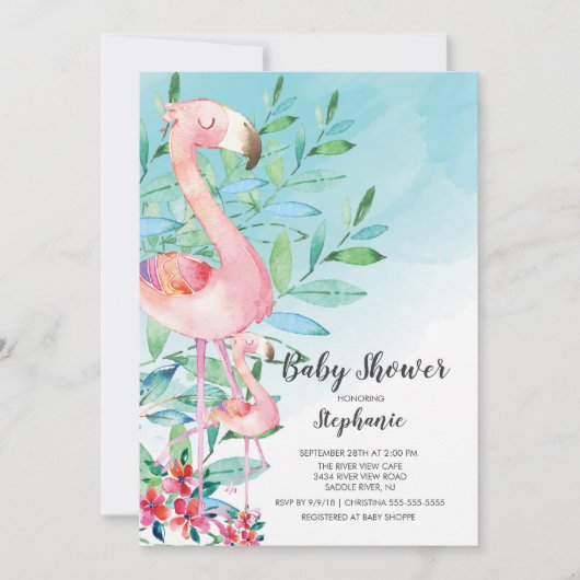 Waterverf Flamingo Baby shower uitnodiging (Voorkant)