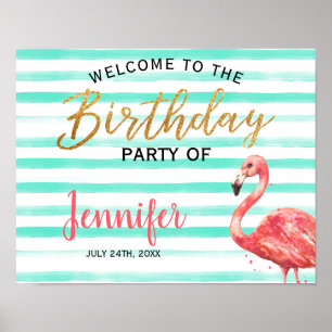 Waterverf Flamingo Gold Birthday   Welkomstteken Poster