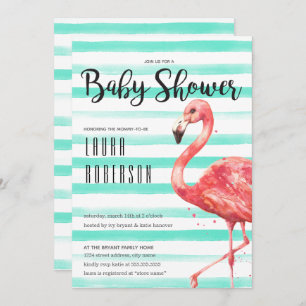 Waterverf Flamingo Mint Stripes   BABY SHOWER Kaart