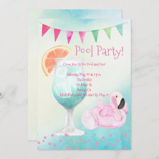 Waterverf Flamingo Pool Party Invitation Kaart (Voorkant / Achterkant)
