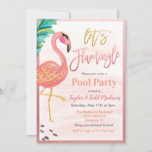 Waterverf Flamingo Pool Party Invitation Kaart (Voorkant)
