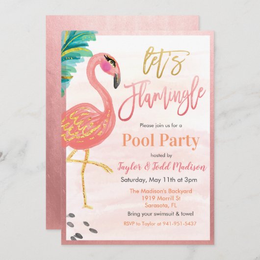 Waterverf Flamingo Pool Party Invitation Kaart (Voorkant / Achterkant)