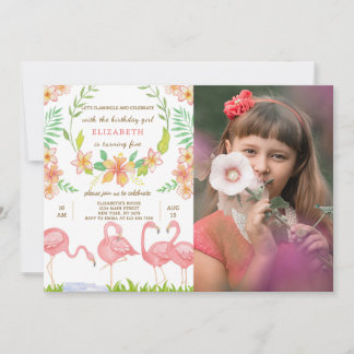 Waterverf flamingo verjaardagsuitnodiging met foto kaart