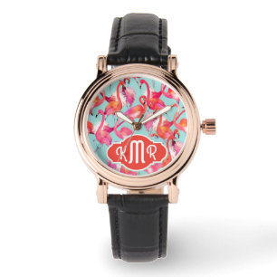 Waterverf Flamingos Gathered   Monogram Horloge