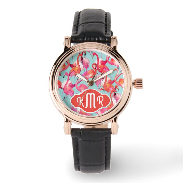 Waterverf Flamingos Gathered | Monogram Horloge (Voorkant)
