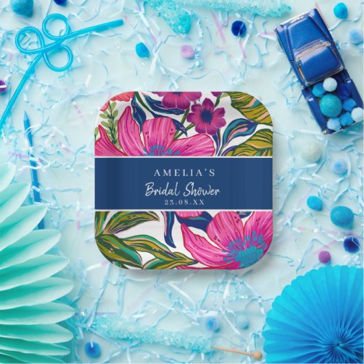 Waterverf floraal en botanisch blauw vrijgezellenf papieren bordje (Feest)