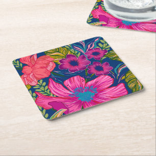 Waterverf floraal en botanisch roze vrijgezellenfe vierkante kartonnen onderzetter