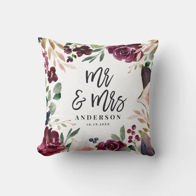 Waterverf floraal + script trouwdag Mr & Mrs Kussen (Voorkant)