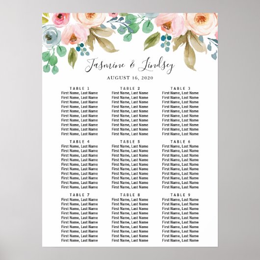 Waterverf Floral 9 Tables Wedding Seding Chart Poster (Voorkant)