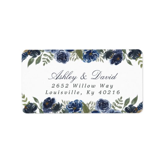 Waterverf Floral adres label Navy Blue Flowers (Voorkant)