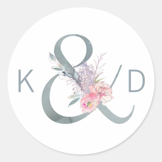 Waterverf Floral Ampersand en Monogram bruiloft Ronde Sticker (Voorkant)