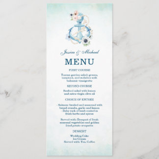 Waterverf Floral Anchor Blauwgroen Beach Wedding Menu