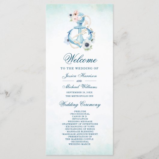 Waterverf Floral Anchor Blauwgroen Beach Wedding Programma (Voorkant)