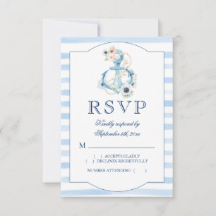Waterverf Floral Anchor Blue Stripes Wedding RSVP Kaartje
