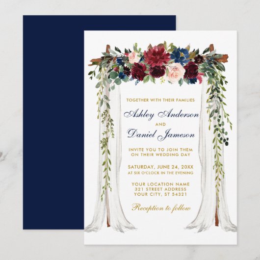 Waterverf Floral Arch Blue Gold Kaart (Voorkant / Achterkant)