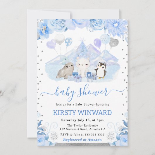 Waterverf Floral Arctic Animals Baby shower Kaart (Voorkant)